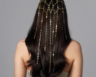 Crystal Waterfall Bridal Headband, Gold Draped Wedding Hair Chain, Geometric Rhinestone Cap Headpiece, Shimmering Formal Accessory