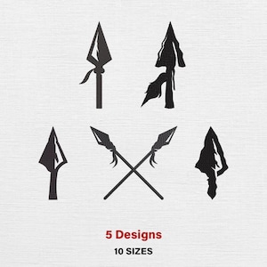 May include: Black silhouette designs of arrowheads and spears. Five distinct designs are displayed, including crossed spears. The text at the bottom reads "5 Designs" and "10 Sizes".