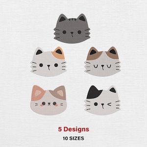 Puede incluir: Cinco diseños de caras de gato en varios colores, incluyendo gris, blanco y marrón, están dispuestos sobre un fondo blanco. Cada cara de gato tiene una expresión única. El texto "5 Designs" y "10 SIZES" se muestra en rojo en la parte inferior.