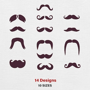 Peut inclure: Une collection de quatorze modèles de moustaches de couleur bordeaux foncé. Les moustaches varient en forme et en style, allant de fines et courbées à épaisses et touffues. Le texte "14 Designs" et "10 SIZES" est affiché en rouge en bas.