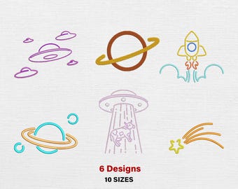 Modern Space Embroidery Designs – UFO, Rocket & Planet Set, Machine Embroidery Files