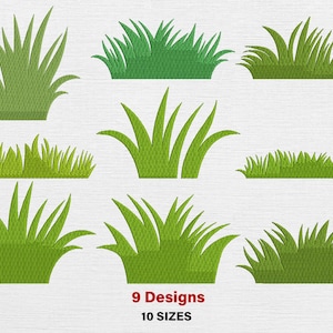 May include: Nine green grass designs in various shapes and sizes are displayed on a white background. The grass designs vary from tall, spiky blades to short, dense clumps. The text "9 Designs 10 SIZES" is in red at the bottom.