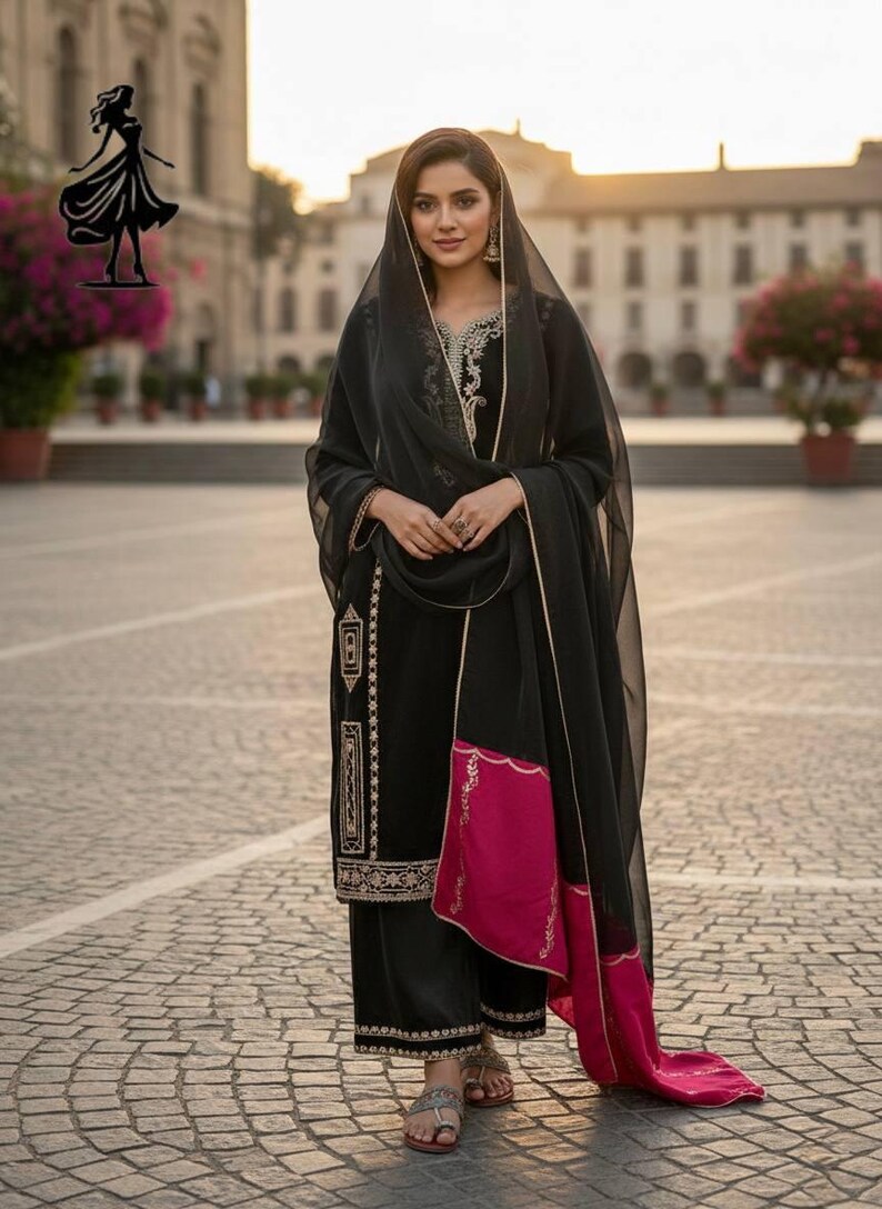 Puede incluir: Un conjunto de salwar kameez negro con bordados dorados y un borde rosa y dorado. El atuendo incluye un velo a juego. La ropa se usa al aire libre en un entorno urbano.