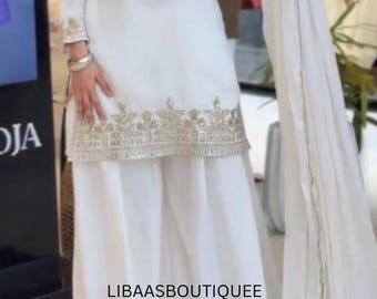 Traje Sharara blanco, conjunto Kurta bordado en oro, atuendo festivo para bodas pakistaníes