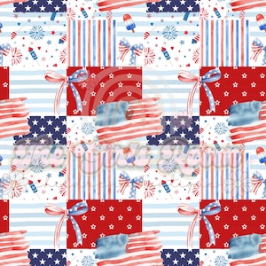 May include: A patriotic patchwork pattern featuring red, white, and blue elements. The design includes watercolor American flags, bows, fireworks, stars, and popsicles. The repeating pattern is ideal for fabric or paper crafts.