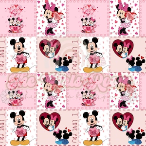 May include: A repeating pattern featuring Mickey and Minnie Mouse in various poses, holding heart-shaped gifts and embracing. The design incorporates pink hearts, the phrase "I LOVE YOU," and a teacup with the characters. The overall theme is love and romance.