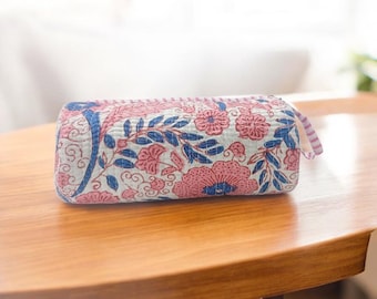 Quilted Floral Makeup Bag, Handmade Cotton Zip Pouch, Block Print Cosmetic Bag, Toiletry Pouch, Travel Makeup Organizer, Christmas Gifts