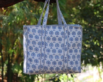 Handmade Quilted Cotton Tote Bag, Blue Block Print Shoulder Bag, Large Travel Beach Bag, Boho Shopping Bag, Reusable Eco Tote Gift for Her