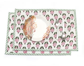 Pink Floral Quilted Placemats, Reversible Fabric Table Mats with Green Striped Trim, Handmade Farmhouse & Cottagecore Table Decor Placement