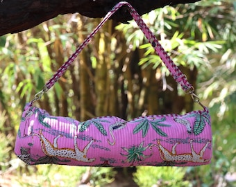Bolsa para esterilla de yoga hecha a mano, estampado safari rosa, correa ajustable, soporte para esterilla de yoga con estampado de jungla rosa, bolsa para gimnasio y pilates con estampado animal