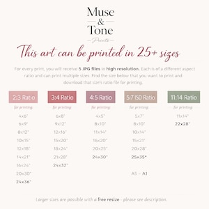 May include: Print size chart with various aspect ratios and dimensions, including 4x6 inches, 8x10 inches, and 22x28 inches. The text indicates the art can be printed in 25+ sizes. The image has a soft, neutral color palette.