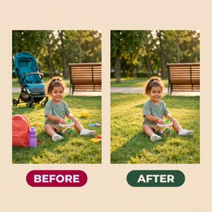 May include: A side-by-side comparison image showing a child sitting on grass with a bucket, a backpack, a water bottle, and a stroller on the left, and the same child sitting on grass with a bucket on the right, labeled BEFORE and AFTER.