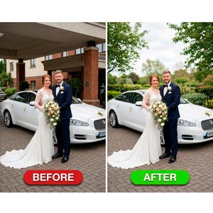 May include: A bride in a white lace wedding dress and a groom in a navy blue suit stand together in front of a white Jaguar wedding car. The bride holds a large bouquet of cream and peach roses. The scene is set on a paved driveway.