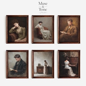 May include: Six framed vintage art prints. The prints feature portraits of people in classic poses, including reading and playing the piano. The frames are dark brown, and the art has a muted color palette. The top left print shows a woman resting her head on her hand.