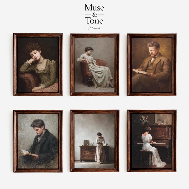 May include: Six framed vintage art prints. The prints feature portraits of people in classic poses, including reading and playing the piano. The frames are dark brown, and the art has a muted color palette. The top left print shows a woman resting her head on her hand.
