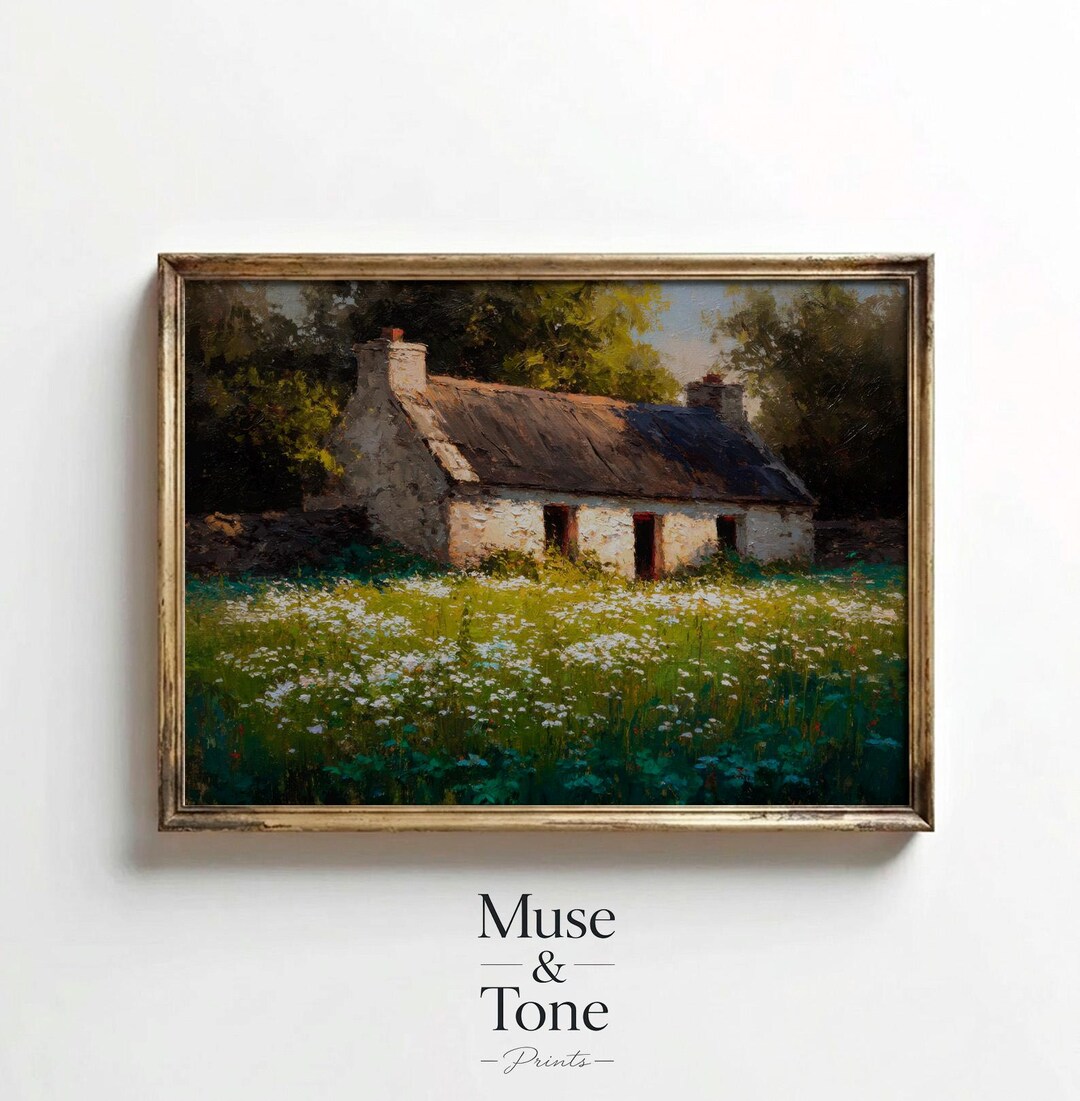English Cottage Landscape Painting, Rustic Farmhouse Wall Art (digital ...