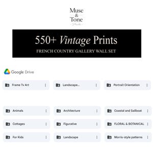 May include: A digital art print set with the text "550+ Vintage Prints" and "French Country Gallery Wall Set". The image includes various art categories such as "Animals", "Architecture", and "Floral & Botanical".