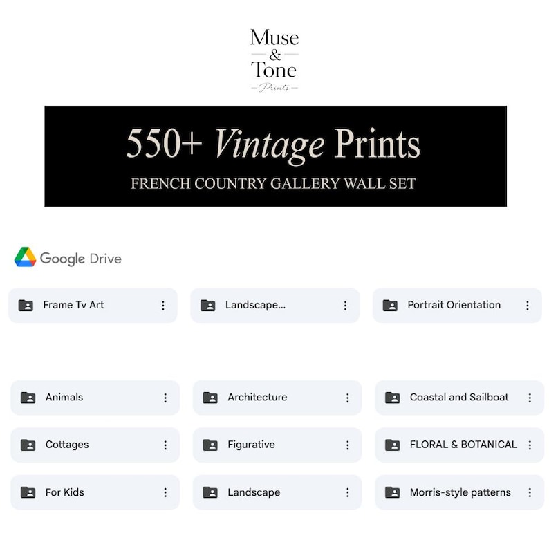May include: A digital art print set with the text "550+ Vintage Prints" and "French Country Gallery Wall Set". The image includes various art categories such as "Animals", "Architecture", and "Floral & Botanical".