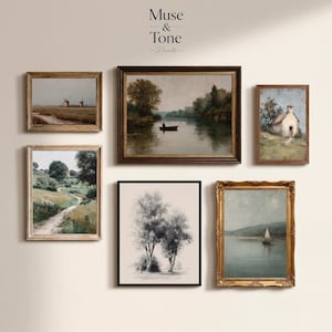 May include: Collection of framed landscape art prints. The prints feature various scenes, including a river with a boat, a rural road, a windmill field, a church, and a sailboat on the water. The prints are in various frames, including gold, brown, and black.