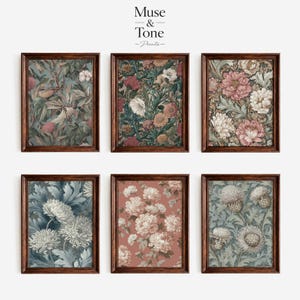 May include: Six framed floral art prints with dark wooden frames. The prints feature various botanical designs in shades of green, pink, and blue. The top left print has a design of leaves and fruit. The top right print has a design of pink and white flowers. The text "Muse & Tone - Prints" is at the top.