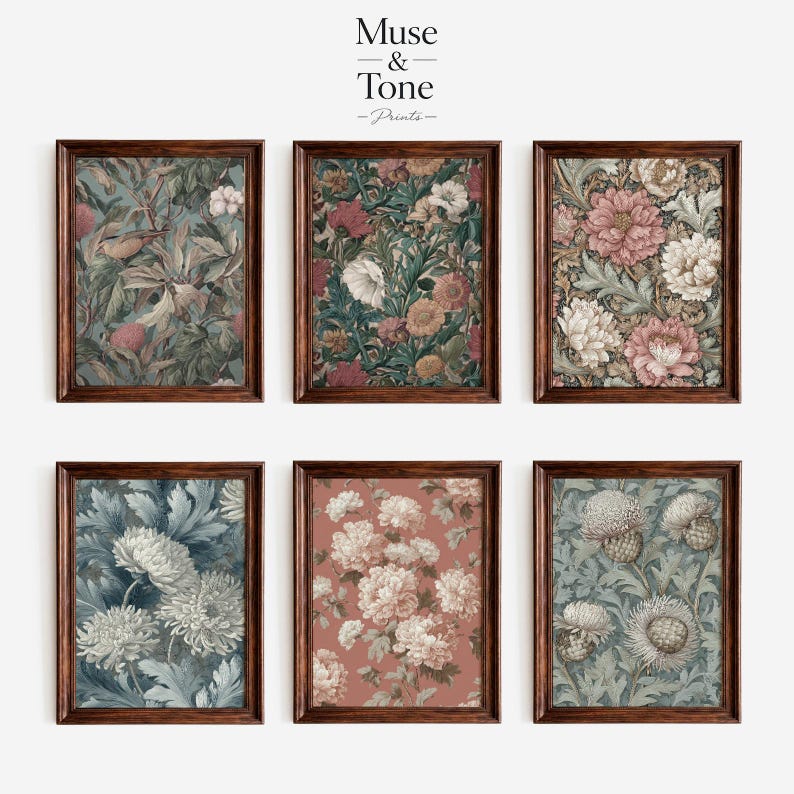 May include: Six framed floral art prints with dark wooden frames. The prints feature various botanical designs in shades of green, pink, and blue. The top left print has a design of leaves and fruit. The top right print has a design of pink and white flowers. The text "Muse & Tone - Prints" is at the top.