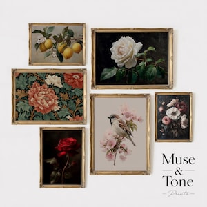 May include: A collection of six framed vintage-style art prints. The prints feature botanical and floral themes, including lemons, roses, and a bird on a flowering branch. Each print is in a gold ornate frame.