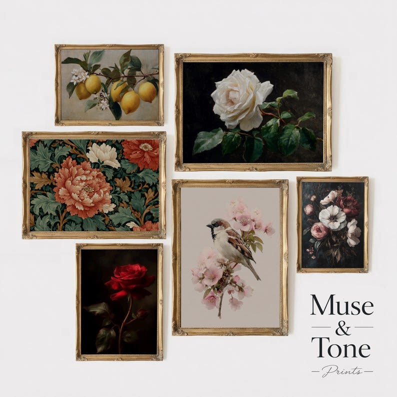 May include: A collection of six framed vintage-style art prints. The prints feature botanical and floral themes, including lemons, roses, and a bird on a flowering branch. Each print is in a gold ornate frame.