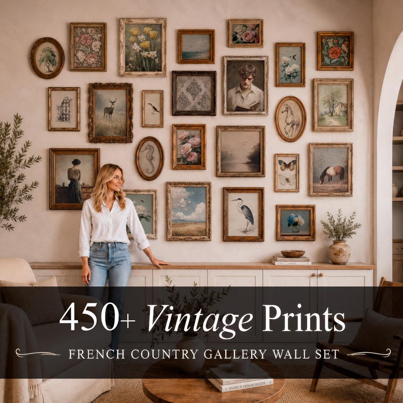 May include: A gallery wall featuring numerous framed vintage prints with various subjects, including floral, landscape, and portrait art. The frames are in various sizes and styles, creating a curated, antique aesthetic. The text on the image reads "450+ Vintage Prints" and "French Country Gallery Wall Set".