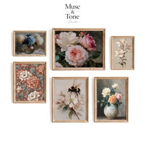 May include: A collection of six framed floral prints. The prints feature various flowers, including roses, lilies, and peonies, in soft, muted colors. The frames are a light brown color. The text "Muse & Tone - Prints" is at the top.