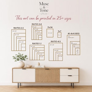 May include: A display of print sizes, including 2:3, 3:4, 1:1, 4:5, and A1-A4 (ISO) ratios, with dimensions in inches. The text "This art can be printed in 25+ sizes" is displayed above the size charts. The brand name "Muse & Tone -Prints-" is at the top.