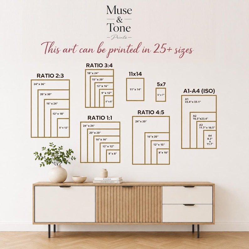 May include: A display of print sizes, including 2:3, 3:4, 1:1, 4:5, and A1-A4 (ISO) ratios, with dimensions in inches. The text "This art can be printed in 25+ sizes" is displayed above the size charts. The brand name "Muse & Tone -Prints-" is at the top.