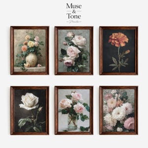 May include: Six framed floral art prints. The prints feature vintage-style paintings of roses and other flowers in vases. The frames are dark brown. The top left print shows a vase with orange and yellow flowers. The top right print shows a single orange flower.