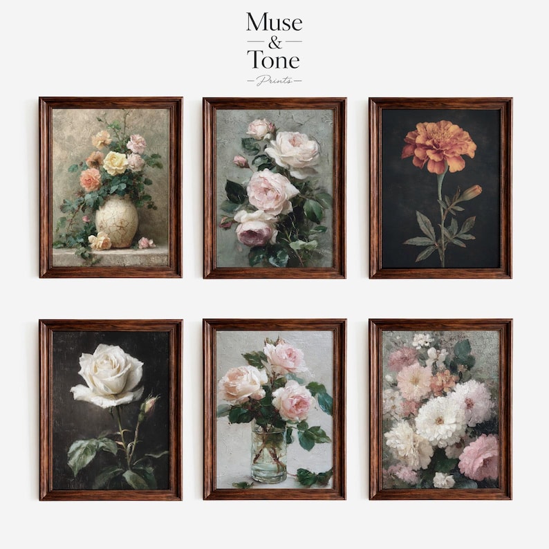 May include: Six framed floral art prints. The prints feature vintage-style paintings of roses and other flowers in vases. The frames are dark brown. The top left print shows a vase with orange and yellow flowers. The top right print shows a single orange flower.