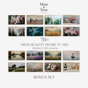 May include: A collection of framed art prints featuring landscape and floral paintings. The prints include images of roses, a horse, trees, and a house. Text on the image reads "70+ HIGH-QUALITY FRAME TV ART" and "BONUS SET".