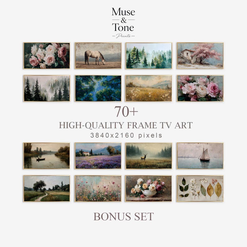May include: A collection of framed art prints featuring landscape and floral paintings. The prints include images of roses, a horse, trees, and a house. Text on the image reads "70+ HIGH-QUALITY FRAME TV ART" and "BONUS SET".