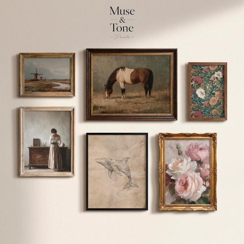 May include: Collection of framed art prints featuring a windmill landscape, a horse grazing in a field, floral patterns, a woman in a dress, a dolphin sketch, and a bouquet of roses. The frames vary in style and color.