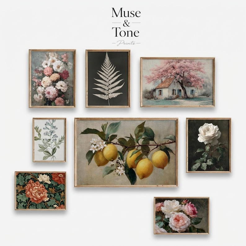 May include: Collection of framed art prints featuring botanical and landscape themes. Includes a floral arrangement, a fern, a house under a pink tree, a lemon branch, a white rose, and other floral and botanical designs. The text "Muse & Tone - Prints" is at the top.