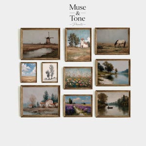 May include: A collection of framed landscape prints with gold-colored frames. The prints depict various scenes, including a windmill, a church, a horse in a field, and a boat on a river. The text "Muse & Tone - Prints" is at the top.