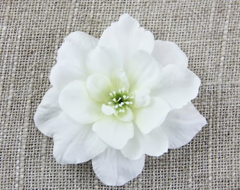 White Flower Hair Clip - One Piece - Realistic White Cream Green Floral Hair Clip - Pick a Size and Clip Type - Neutral Wedding Bridal Gift