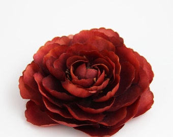 Burgundy Ranunculus Flower Hair Clip and Pin - Brick Red Maroon Burgundy Wine - Clip in Hair or Pin to Jacket or Hat