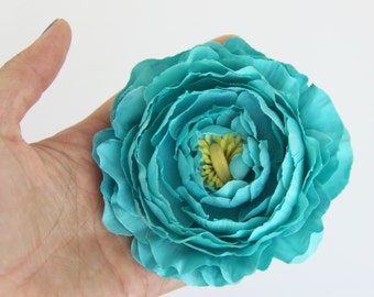 Turquoise Ranunculus Flower Hair Clip and Pin - Bright Teal Blue Aqua Rose Flower - Realistic Floral - Clip in Hair or Pin to Jacket or Hat