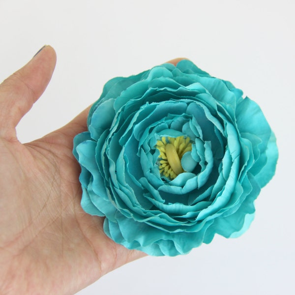 Turquoise Ranunculus Flower Hair Clip and Pin - Bright Teal Blue Aqua Rose Flower - Realistic Floral - Clip in Hair or Pin to Jacket or Hat