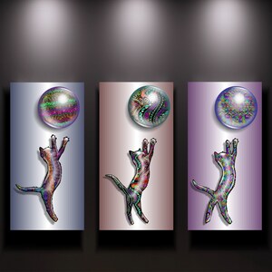 JUMPING BUBBLES CATS triptych three (3) panels Limited Edition Fine Art Giclee Print on Canvas