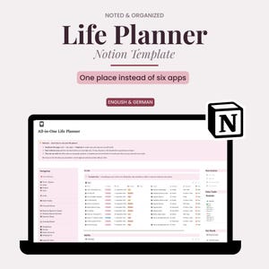 Könnte beinhalten: Eine digitale Notion-Vorlage für einen Lebensplaner auf einem Laptop-Bildschirm. Die Benutzeroberfläche enthält Abschnitte für Navigation, Aufgabenlisten, Gewohnheiten und Statistiken in einem zartrosa Farbschema. Der Text umfasst Noted & Organized Life Planner Notion Template, One place instead of six apps und English & German.