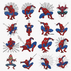 May include: A collection of sixteen illustrations of Spider-Man in various action poses. The superhero is depicted in his classic red and blue suit, often with webs and spider webs. The illustrations are set against a white background.