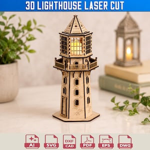 May include: A 3D laser cut wooden lighthouse model featuring a hexagonal base, multiple levels with cut-out windows, a balcony railing, and a central lantern room containing a glowing light. The structure displays intricate brickwork patterns.