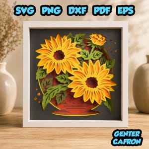 Sunflower Bouquet on Vase 3D Shadow Box, Layered Sunflower SVG, Laser Cut File, Paper Cut Art, Cricut Template, Floral Decor