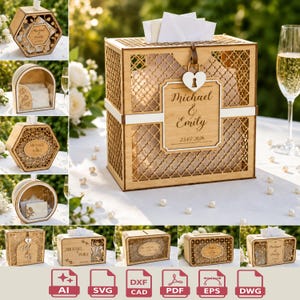 Könnte beinhalten: Eine rechteckige Kartenbox aus Holz mit filigranen, lasergeschnittenen Gitterseitenwänden und einem Schlitz für Umschläge. Die Vorderseite zeigt ein weißes herzförmiges Vorhängeschloss und eine Platte mit der Gravur Michael & Emily 25.07.2026.