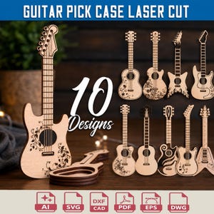 May include: A collection of 10 laser-cut wooden guitar pick cases featuring various guitar shapes and intricate floral or musical patterns. The text GUITAR PICK CASE LASER CUT and 10 Designs are visible. File formats include AI, SVG, DXF, PDF, EPS, and DWG.