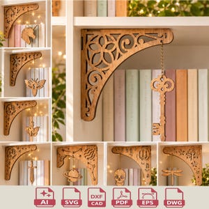 Puede incluir: Soportes de estantería de madera con recortes decorativos y colgantes. Los diseños incluyen un unicornio, una polilla, una llave, una calavera, una libélula y más. Los soportes se muestran en una estantería blanca con libros en el fondo. La imagen también muestra iconos de tipo de archivo.